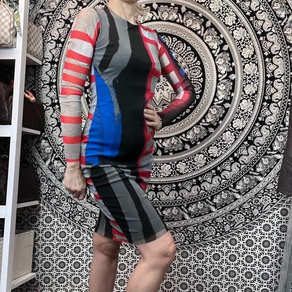 PETIT POIS BY VIVIANA G MESH DRESS multicolor stretch long sleeve midi size S - Picture 6 of 16